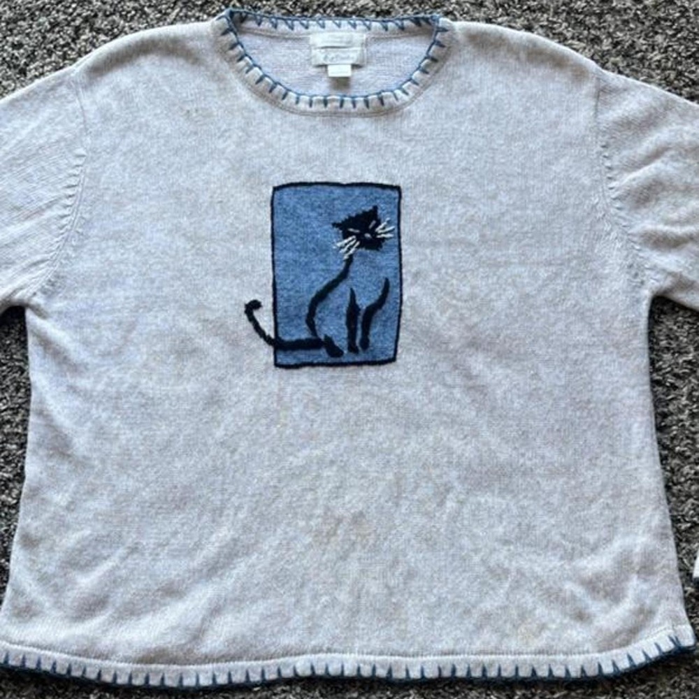 Christopher & Banks Embroidered Cat Sweater Beige Blue Ramie Cotton Vintage M